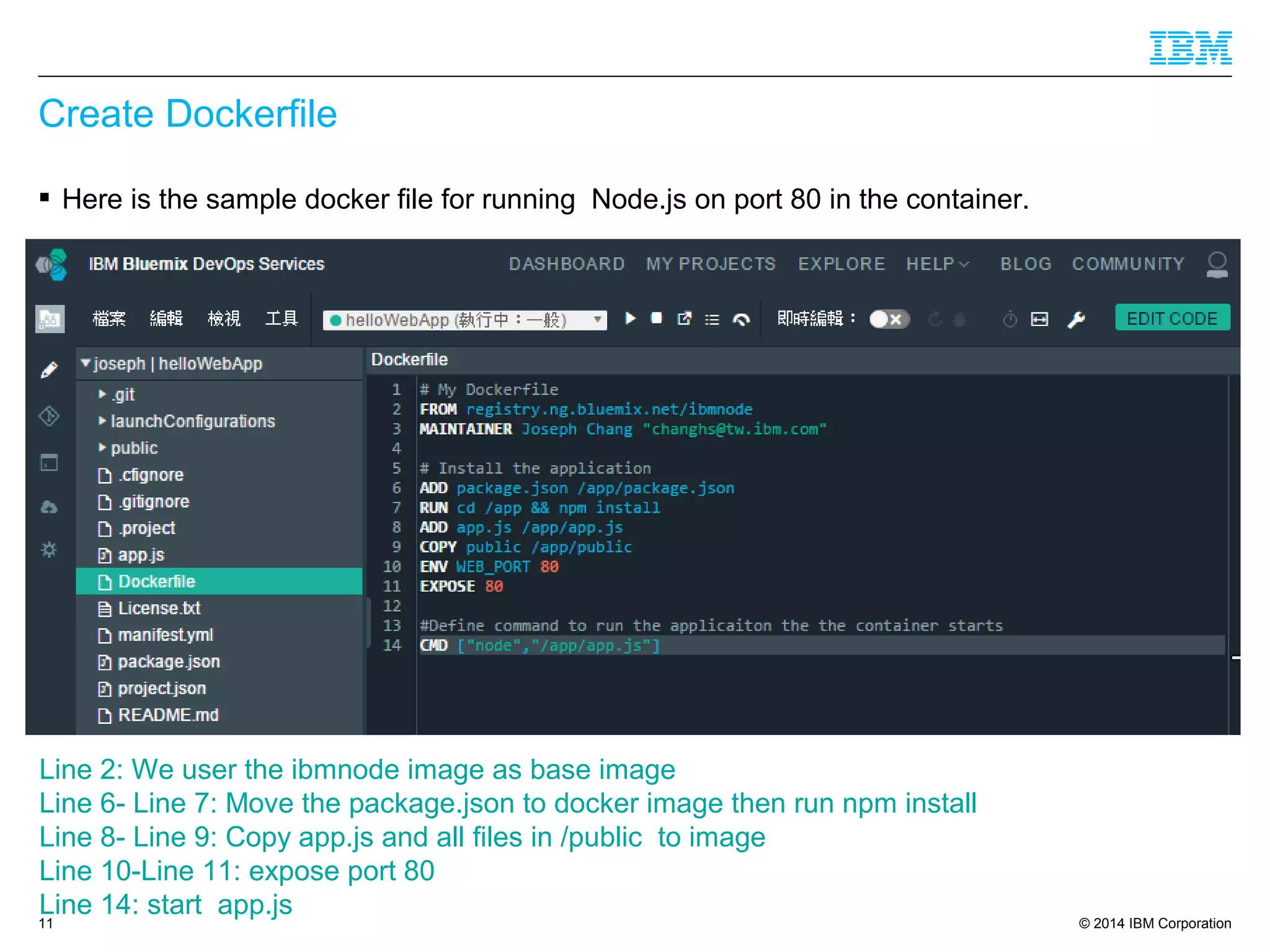 © 2014 IBM Corporation
Create Dockerfile
11
 Here is the sample docker file for running Node.js on port 80 in the container.
Line 2: We user the ibmnode image as base image
Line 6- Line 7: Move the package.json to docker image then run npm install
Line 8- Line 9: Copy app.js and all files in /public to image
Line 10-Line 11: expose port 80
Line 14: start app.js
 