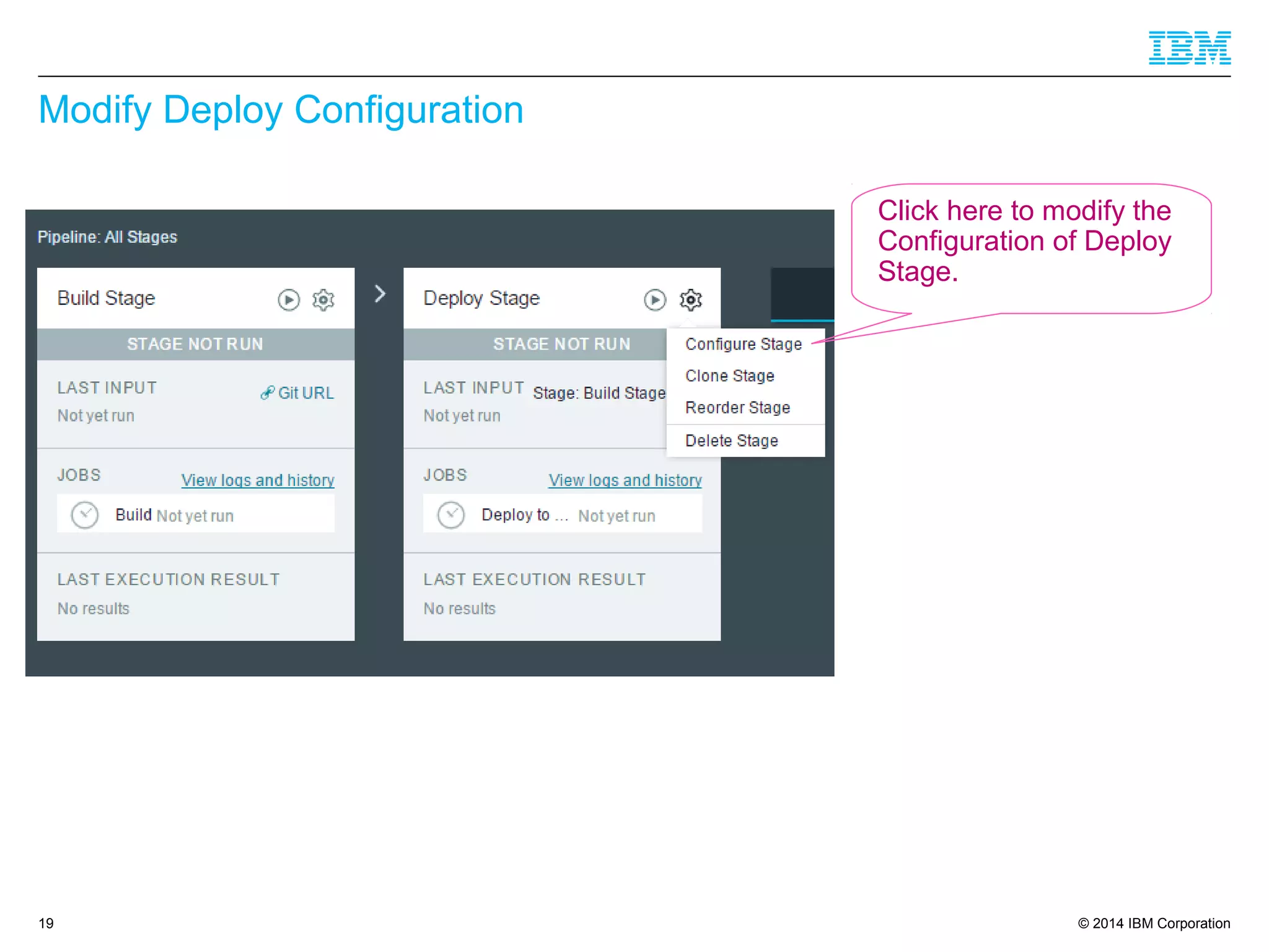 © 2014 IBM Corporation
Modify Deploy Configuration
19
Click here to modify the
Configuration of Deploy
Stage.
 