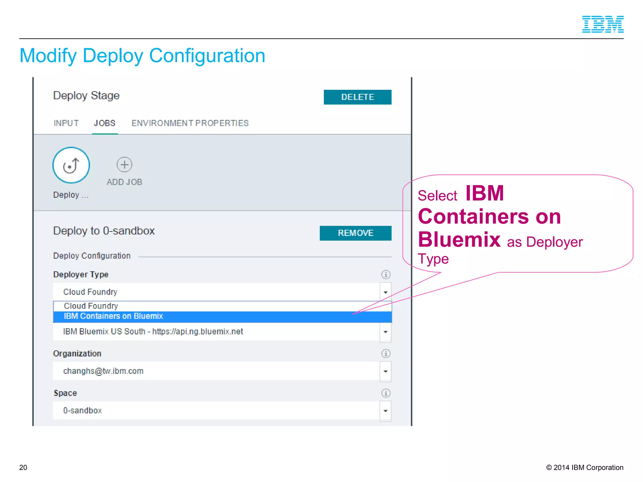 © 2014 IBM Corporation
Modify Deploy Configuration
20
Select IBM
Containers on
Bluemix as Deployer
Type
 