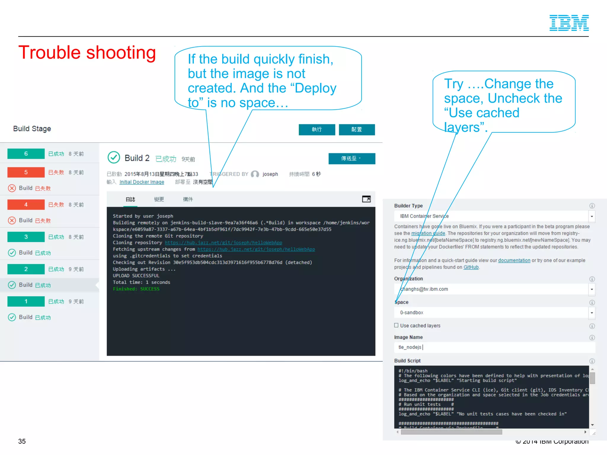 © 2014 IBM Corporation
Trouble shooting
35
If the build quickly finish,
but the image is not
created. And the “Deploy
to” is no space…
Try ….Change the
space, Uncheck the
“Use cached
layers”.
 