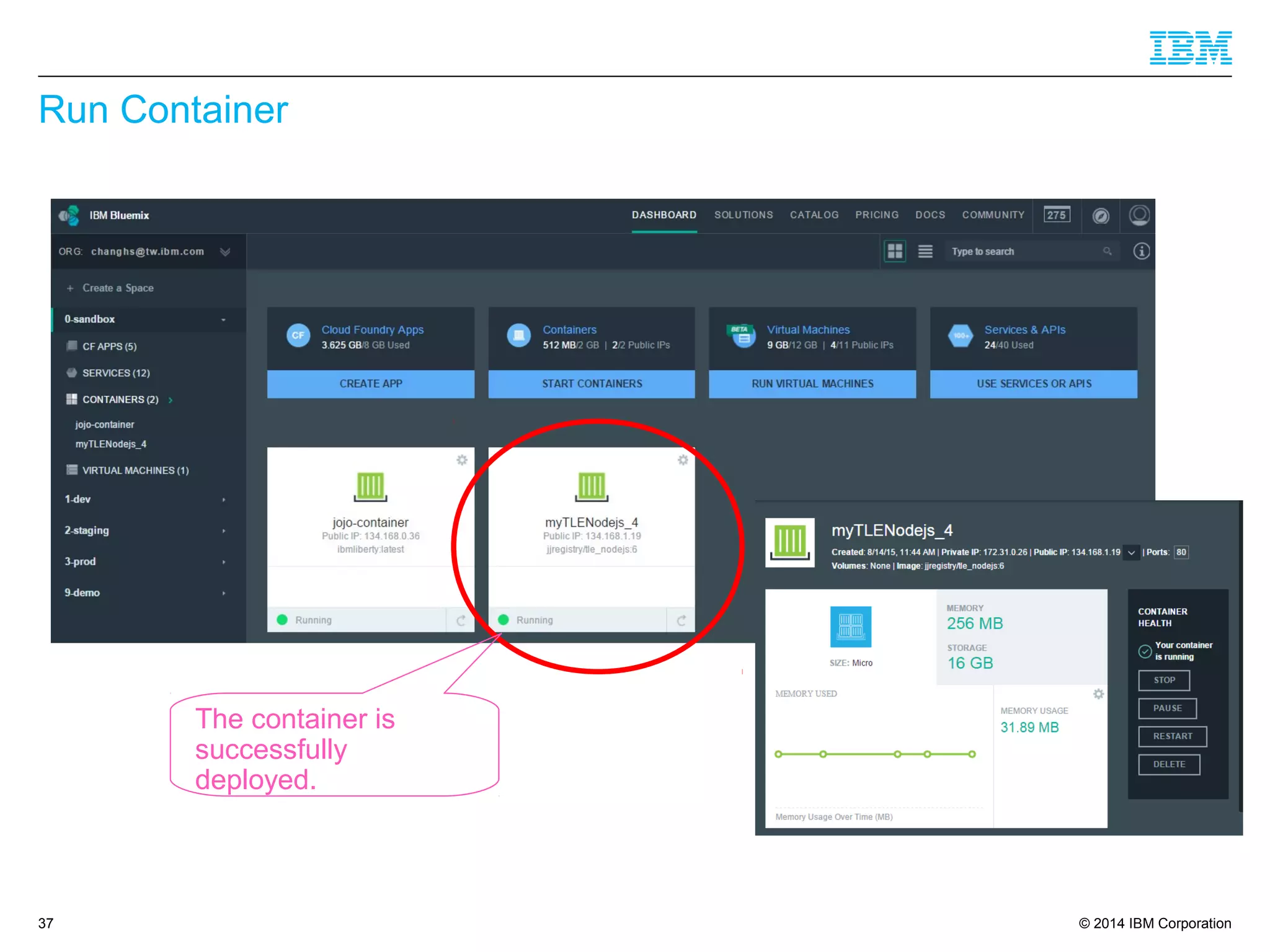 © 2014 IBM Corporation
Run Container
37
The container is
successfully
deployed.
 