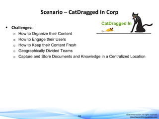 Scenario – CatDragged In Corp
CatDragged In

 Challenges:







How to Organize their Content
How to Engage their Users
How to Keep their Content Fresh
Geographically Divided Teams
Capture and Store Documents and Knowledge in a Centralized Location

10

© DEVintersection. All rights reserved.
http://www.DEVintersection.com

 