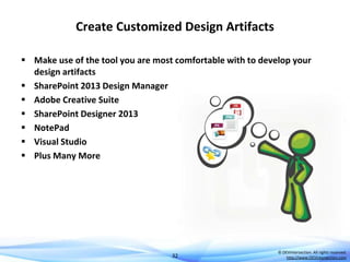 Create Customized Design Artifacts
 Make use of the tool you are most comfortable with to develop your
design artifacts
 SharePoint 2013 Design Manager
 Adobe Creative Suite
 SharePoint Designer 2013
 NotePad
 Visual Studio
 Plus Many More

32

© DEVintersection. All rights reserved.
http://www.DEVintersection.com

 