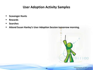 User Adoption Activity Samples





Scavenger Hunts
Rewards
Searches
Attend Susan Hanley’s User Adoption Session tomorrow morning.

38

© DEVintersection. All rights reserved.
http://www.DEVintersection.com

 