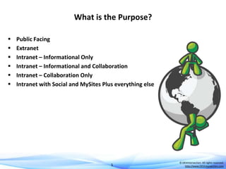 What is the Purpose?







Public Facing
Extranet
Intranet – Informational Only
Intranet – Informational and Collaboration
Intranet – Collaboration Only
Intranet with Social and MySites Plus everything else

5

© DEVintersection. All rights reserved.
http://www.DEVintersection.com

 