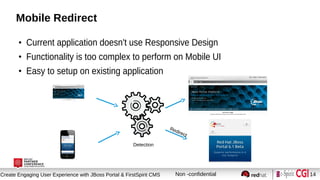 Session title
Create Engaging User Experience with JBoss Portal & FirstSpirit CMS Non -confidential 14
Mobile Redirect
●
Current application doesn't use Responsive Design
●
Functionality is too complex to perform on Mobile UI
●
Easy to setup on existing application
Detection
Redirect
 