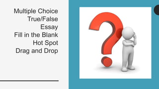 Multiple Choice
True/False
Essay
Fill in the Blank
Hot Spot
Drag and Drop