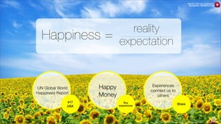 WATCH THE FULL 25 MINUTE
RECORDED PRESENTATION

reality
Happiness = expectation

UN Global World
Happiness Report
#17
USA

Experiences
connect us to
others

Happy
Money
Buy
experiences

Share

13
http://cdn.wallwuzz.com/uploads/sunﬂowers-wallpaper-wallpapers-wallwuzz-hd-wallpaper-19607.jpg

 
