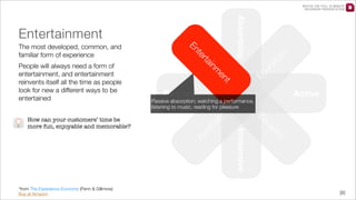 WATCH THE FULL 25 MINUTE
RECORDED PRESENTATION

tio
ca

t

en

Passive

Active

he
st
Ae

ist

p
ca
Es

tic

Passive absorption; watching a performance,
listening to music, reading for pleasure

Immersive

*from The Experience Economy (Penn & Gillmore)
Buy at Amazon

Ed
u

m
in

How can your customers’ time be
more fun, enjoyable and memorable?

rta
te

People will always need a form of
entertainment, and entertainment
reinvents itself all the time as people
look for new a different ways to be
entertained

En

The most developed, common, and
familiar form of experience

n

Absorbing

Entertainment

20

 