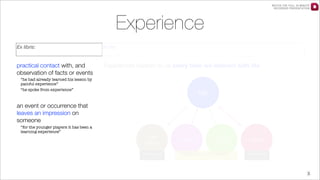 WATCH THE FULL 25 MINUTE
RECORDED PRESENTATION

Experience
Ex libris:

In life:

practical contact with, and
observation of facts or events

Experiences happen to us every time we interact with life

“he had already learned his lesson by
painful experience”
“he spoke from experience”

Me

an event or occurrence that
leaves an impression on
someone
“for the younger players it has been a
learning experience”

Cell
Phone
Functional

Holiday

Football
Game

Functional + Emotional

Website
Functional

3

 