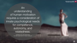 WATCH THE FULL 25 MINUTE
RECORDED PRESENTATION

An
understanding
of human motivation
requires a consideration of
innate psychological needs
for competence,
autonomy, and
relatedness.
EDWARD DECI, RICHARD RYAN
THE WHY AND WHAT OF GOAL PURSUITS

30

 