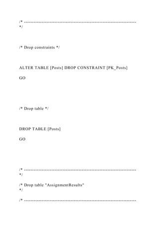 /* ----------------------------------------------------------------------
*/
/* Drop constraints */
ALTER TABLE [Posts] DROP CONSTRAINT [PK_Posts]
GO
/* Drop table */
DROP TABLE [Posts]
GO
/* ----------------------------------------------------------------------
*/
/* Drop table "AssignmentResults"
*/
/* ----------------------------------------------------------------------
 