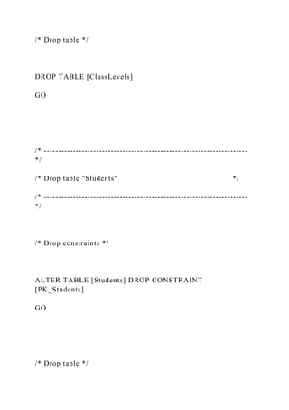 /* Drop table */
DROP TABLE [ClassLevels]
GO
/* ----------------------------------------------------------------------
*/
/* Drop table "Students" */
/* ----------------------------------------------------------------------
*/
/* Drop constraints */
ALTER TABLE [Students] DROP CONSTRAINT
[PK_Students]
GO
/* Drop table */
 