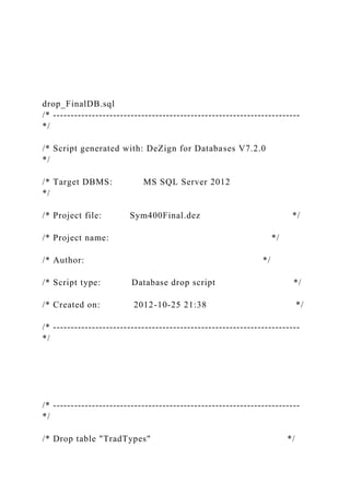 drop_FinalDB.sql
/* ----------------------------------------------------------------------
*/
/* Script generated with: DeZign for Databases V7.2.0
*/
/* Target DBMS: MS SQL Server 2012
*/
/* Project file: Sym400Final.dez */
/* Project name: */
/* Author: */
/* Script type: Database drop script */
/* Created on: 2012-10-25 21:38 */
/* ----------------------------------------------------------------------
*/
/* ----------------------------------------------------------------------
*/
/* Drop table "TradTypes" */
 