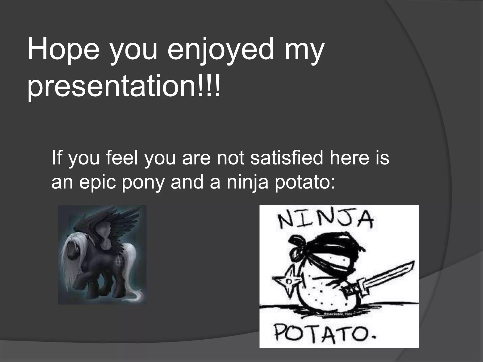 Hope you enjoyed my
presentation!!!

 If you feel you are not satisfied here is
 an epic pony and a ninja potato:
 