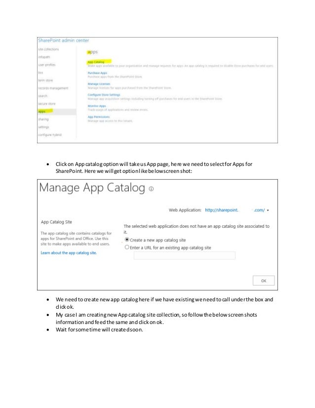 Create first app catalog site collection on office 365 or share point