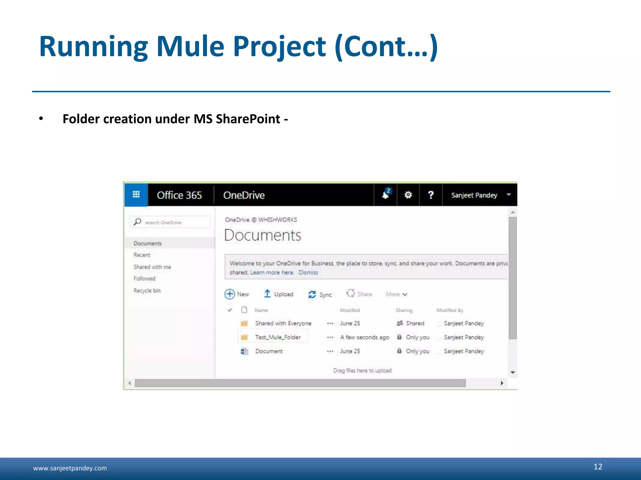 www.sanjeetpandey.com
Running Mule Project (Cont…)
• Folder creation under MS SharePoint -
12
 