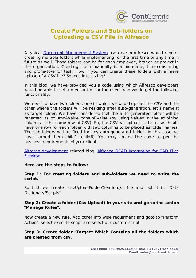 Create folders and sub folders on uploading a csv file in alfresco
