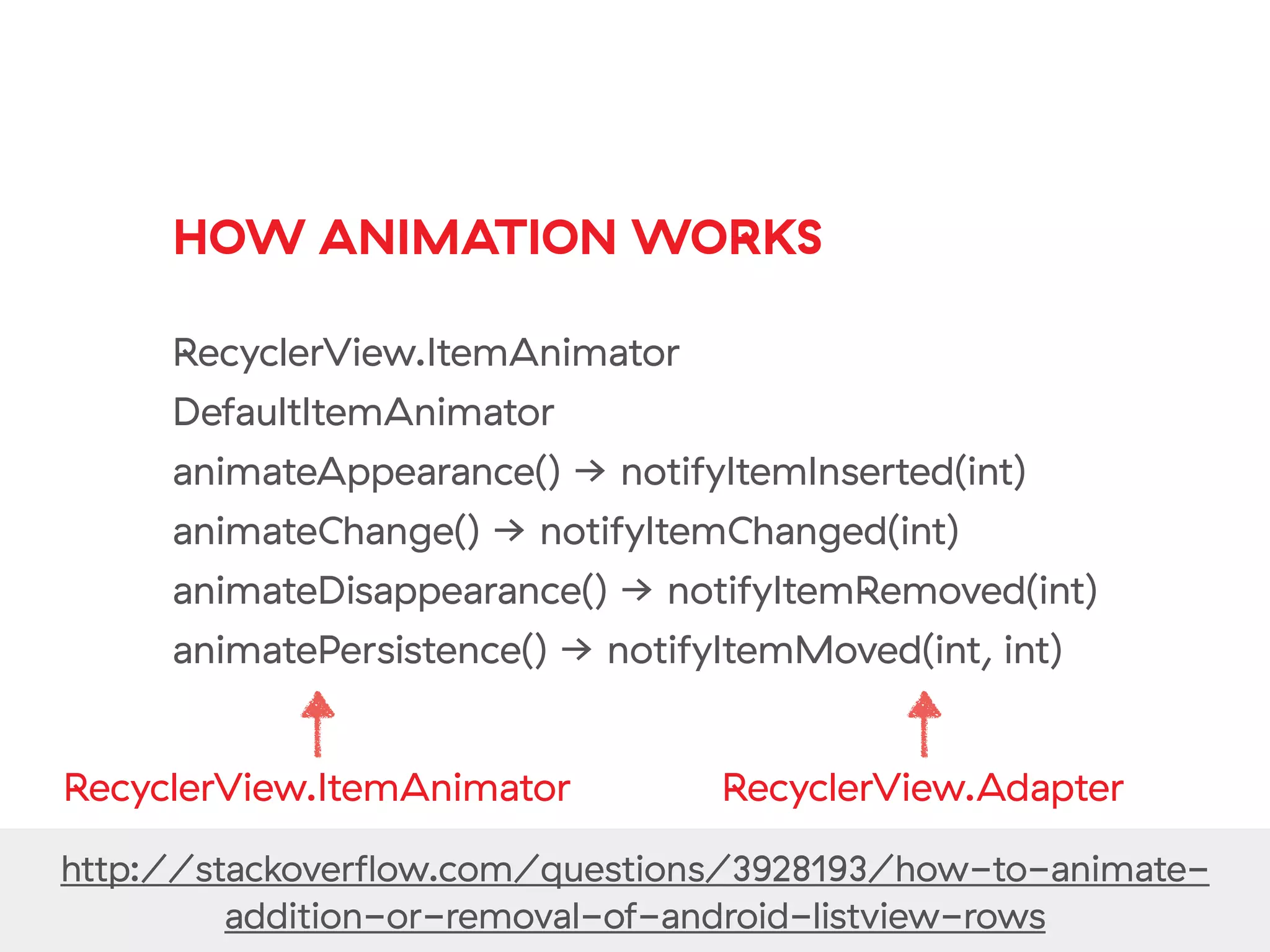http://stackoverflow.com/questions/3928193/how-to-animate-
addition-or-removal-of-android-listview-rows
HOW ANIMATION WORKS
RecyclerView.ItemAnimator
DefaultItemAnimator
animateAppearance() → notifyItemInserted(int)
animateChange() → notifyItemChanged(int)
animateDisappearance() → notifyItemRemoved(int)
animatePersistence() → notifyItemMoved(int, int)
RecyclerView.ItemAnimator RecyclerView.Adapter