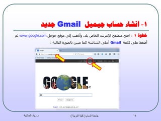 1-‫جيًيم‬ ‫حسبة‬ ‫اَشبء‬Gmail‫جذيذ‬
‫خطىة‬1:‫افزؼ‬‫ِزظفؼ‬‫اإلٔزشٔذ‬‫اٌخبص‬,‫ثه‬‫ٚأر٘ت‬ٌٝ‫ئ‬‫ِٛلغ‬ً‫عٛع‬www.google.comُ‫ص‬
‫أضغظ‬ٍٝ‫ػ‬‫وٍّخ‬Gmailٍٝ‫أػ‬‫اٌشبشخ‬‫وّب‬ٓ١‫ِج‬‫ثبٌظٛسح‬‫اٌزبٌ١خ‬:
‫د‬.‫الحاليبة‬ ‫زياد‬ ‫الدمام‬ ‫جامعة‬(‫التربية‬ ‫كلية‬) 14
 