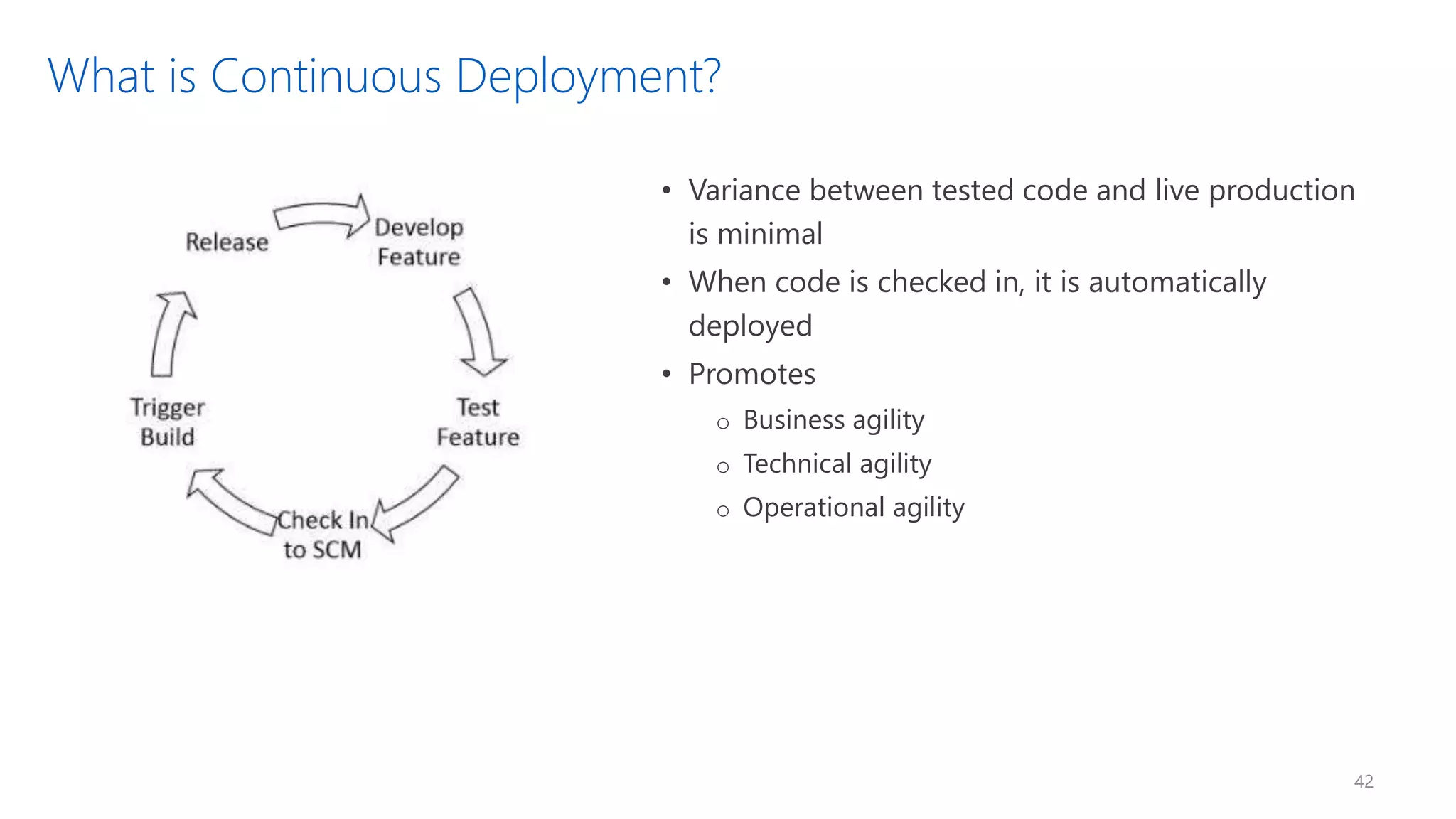 What is Continuous Deployment?
• Variance between tested code and live production
is minimal
• When code is checked in, it is automatically
deployed
• Promotes
o Business agility
o Technical agility
o Operational agility
42
 
