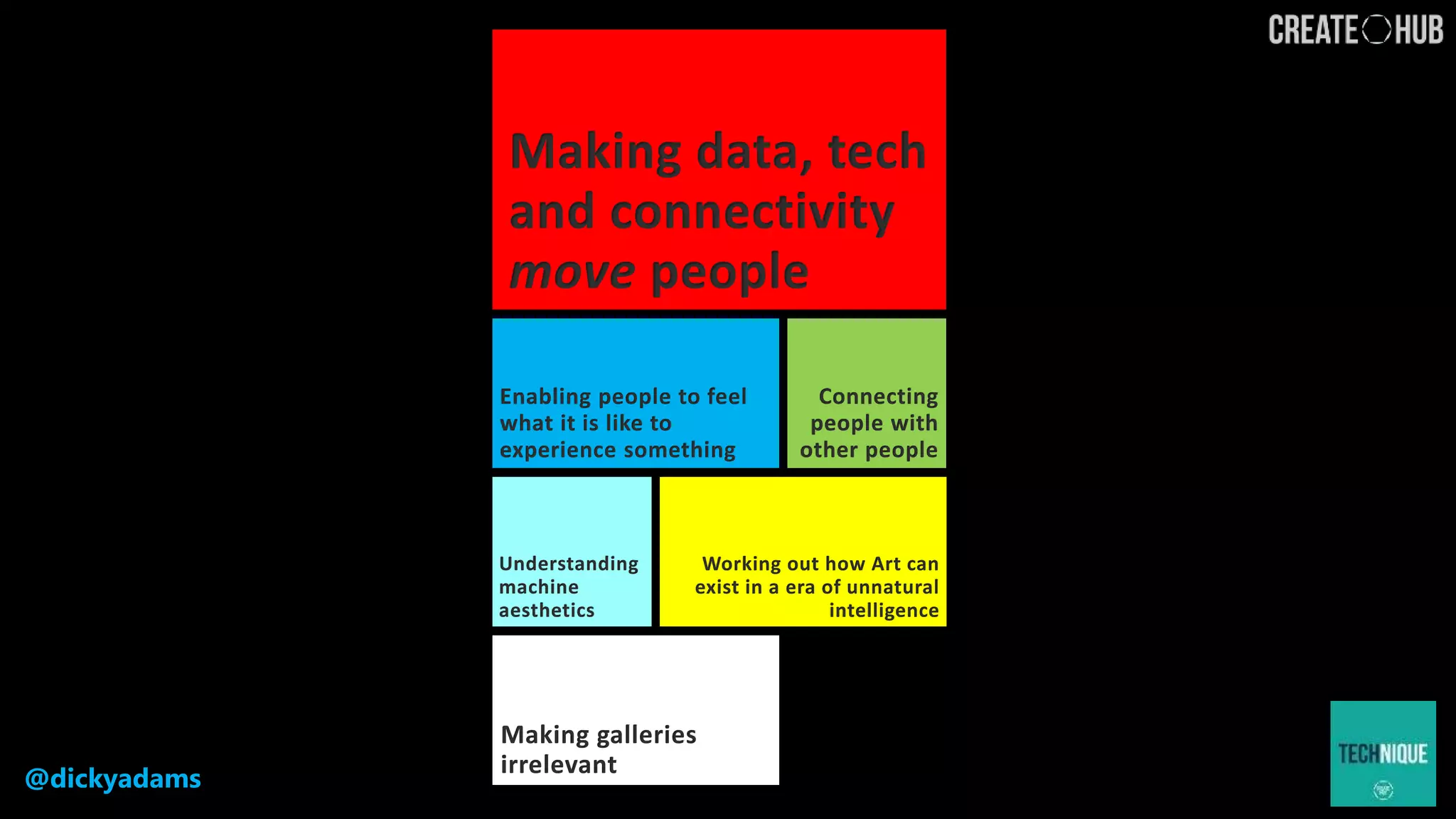 @dickyadams
Making data, tech
and connectivity
move people
Enabling people to feel
what it is like to
experience something
Connecting
people with
other people
Understanding
machine
aesthetics
Working out how Art can
exist in a era of unnatural
intelligence
Making galleries
irrelevant
 