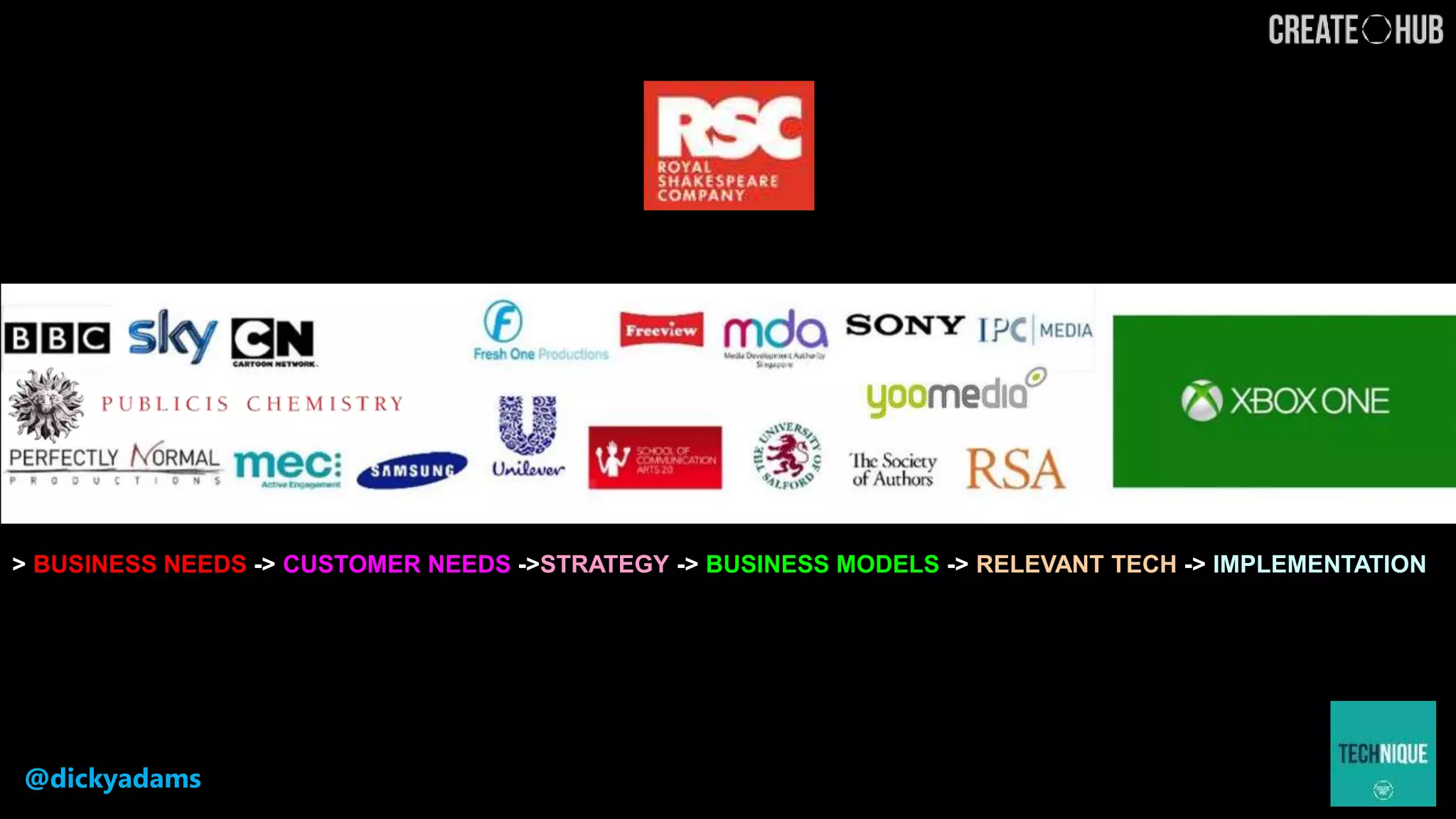 @dickyadams
> BUSINESS NEEDS -> CUSTOMER NEEDS ->STRATEGY -> BUSINESS MODELS -> RELEVANT TECH -> IMPLEMENTATION
 