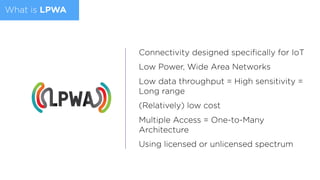 What is LPWA
Connectivity designed speciﬁcally for IoT
Low Power, Wide Area Networks
Low data throughput = High sensitivity =
Long range
(Relatively) low cost
Multiple Access = One-to-Many
Architecture
Using licensed or unlicensed spectrum
 