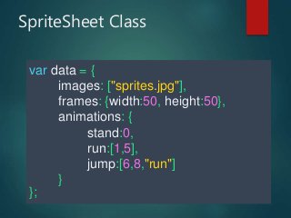 SpriteSheet Class
var data = {
images: ["sprites.jpg"],
frames: {width:50, height:50},
animations: {
stand:0,
run:[1,5],
jump:[6,8,"run"]
}
};
 