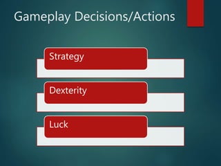 Strategy
Dexterity
Luck
Gameplay Decisions/Actions
 