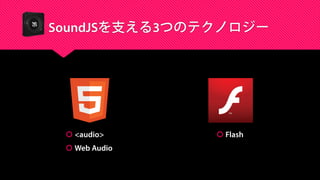 SoundJSを支える3つのテクノロジー
 <audio>
 Web Audio
 Flash
 