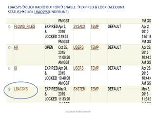 Dr.GIRIJA NARASIMHAN
LBACSYSCLICK RADIO BUTTONENABLE EXPIRED & LOCK (ACCOUNT
STATUS)CLICK LBACSYS(UNDERLINE)
 