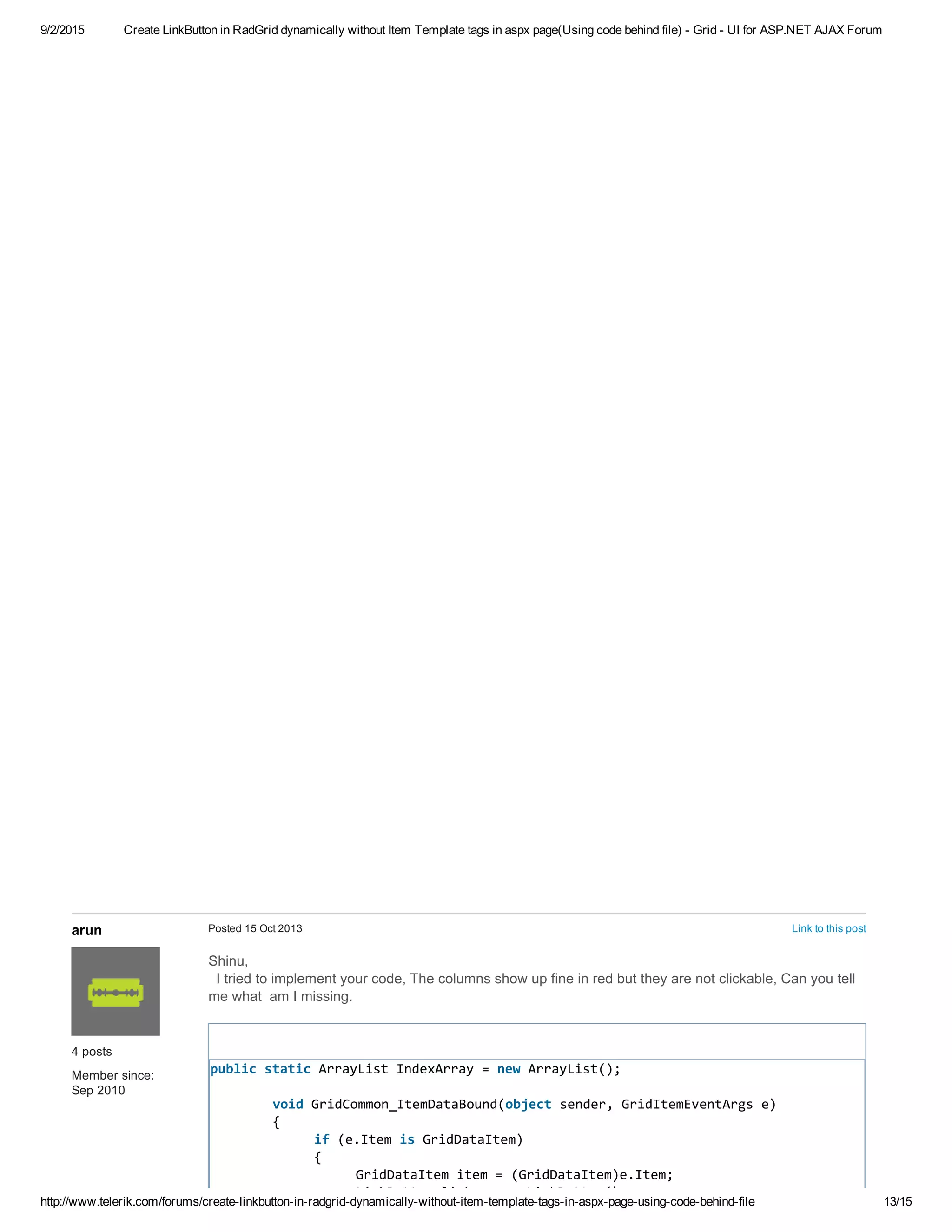 Create link button in radgrid dynamically without item template tags in ...