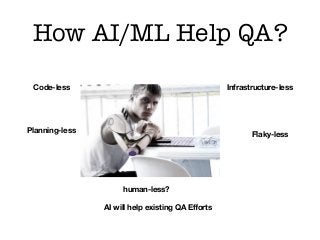 How AI/ML Help QA?
AI will help existing QA Eﬀorts
Code-less
Planning-less
Flaky-less
human-less?
Infrastructure-less
 