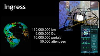 Confidential and proprietary
Ingress
130,000,000 km
9,000,000 DL
10,000,000 portals
50,000 attendees
 