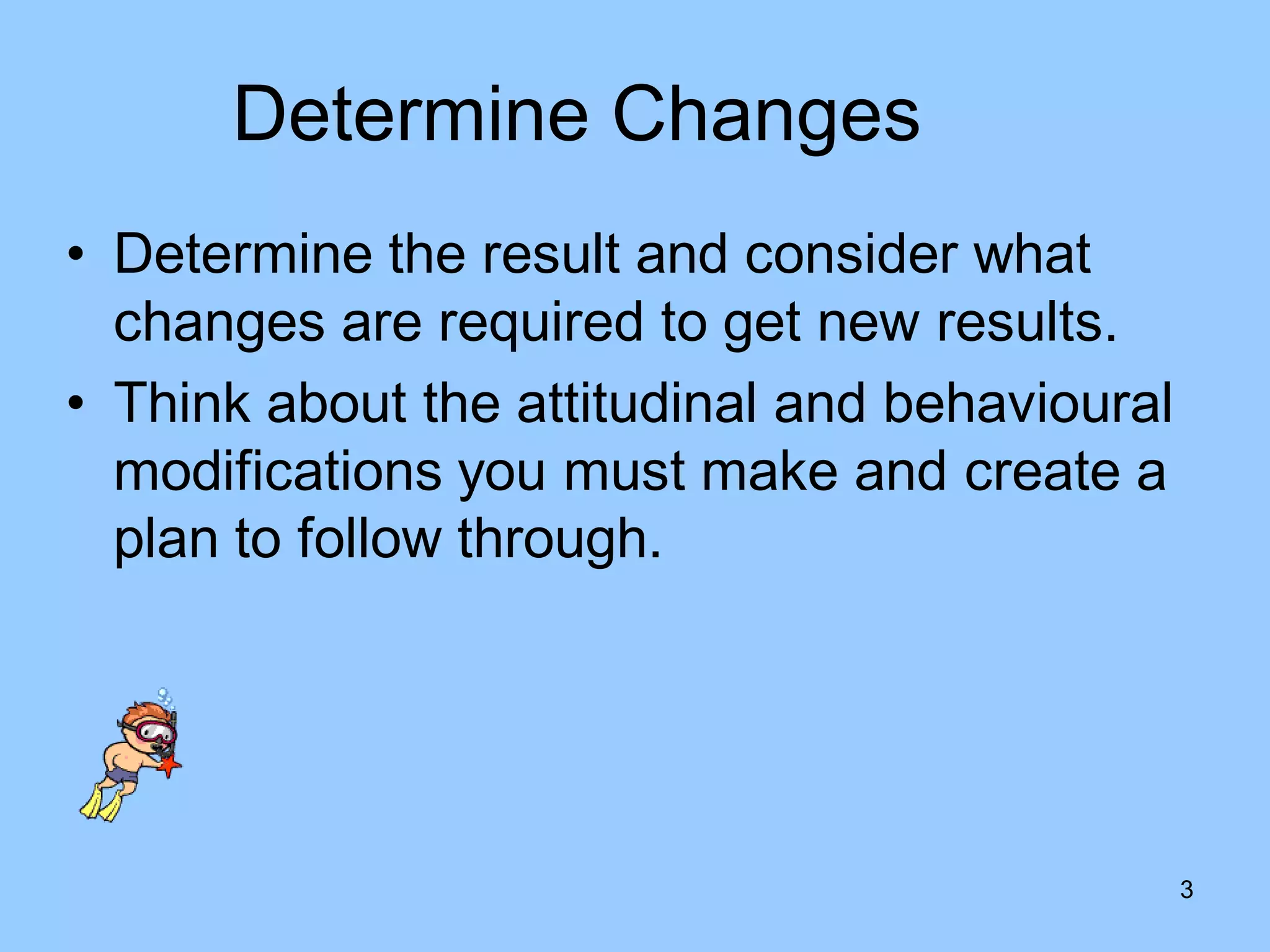 Determine Changes
• Determine the result and consider what
  changes are required to get new results.
• Think about the attitudinal and behavioural
  modifications you must make and create a
  plan to follow through.




                                                3
 