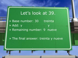Let’s look at 39.
» Base number: 30 treinta
» Add: y y
» Remaining number: 9 nueve
» The final answer: treinta y nueve
 