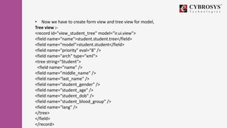 • Now we have to create form view and tree view for model,
Tree view :-
<record id="view_student_tree" model="ir.ui.view">
<field name="name">student.student.tree</field>
<field name="model">student.student</field>
<field name="priority" eval="8" />
<field name="arch" type="xml">
<tree string="Student">
<field name="name" />
<field name="middle_name" />
<field name="last_name" />
<field name="student_gender" />
<field name="student_age" />
<field name="student_dob" />
<field name="student_blood_group" />
<field name="lang" />
</tree>
</field>
</record>
 