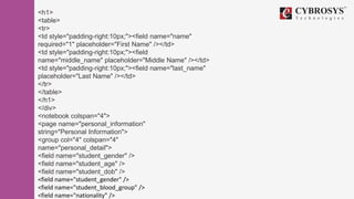 <h1>
<table>
<tr>
<td style="padding-right:10px;"><field name="name"
required="1" placeholder="First Name" /></td>
<td style="padding-right:10px;"><field
name="middle_name" placeholder="Middle Name" /></td>
<td style="padding-right:10px;"><field name="last_name"
placeholder="Last Name" /></td>
</tr>
</table>
</h1>
</div>
<notebook colspan="4">
<page name="personal_information"
string="Personal Information">
<group col="4" colspan="4"
name="personal_detail">
<field name="student_gender" />
<field name="student_age" />
<field name="student_dob" />
<field name="student_gender" />
<field name="student_blood_group" />
<field name="nationality" />
 