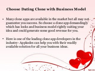 Choose Dating Clone with Business Model
• Many clone apps are available in the market but all may not
guarantee you success. So choose a clone app demandingly
which has looks and business model rightly suiting your
idea and could generate some good revenue for you.
• Here is one of the leading clone app developers in the
industry- Appkodes can help you with their readily
available solution for all your business ideas.
 