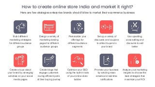 How to create online store India and market it right?
Build different
marketing strategies
for different audience
groups
Design a variety of
marketing landing
pages for different
audience groups
Personalize your
offerings for
different audience
segments
Set up a variety of
discounts and coupons
to attract buyers to
your brand
Use upselling,
cross-selling and
discounts to sell
better
Create a buzz about
your brand by arranging
activities on your social
media pages
Create blogs that
engage customers
during different parts
of their buying journey
Optimize your SEO
using the built-in tools
of your online store
builder
Promote your business
by sending mass
emails and real-time
notifications
Analyze your marketing
insights to choose the
best strategies that
maximize your ROI
Here are few strategies enterprise brands should follow to market their ecommerce business
 