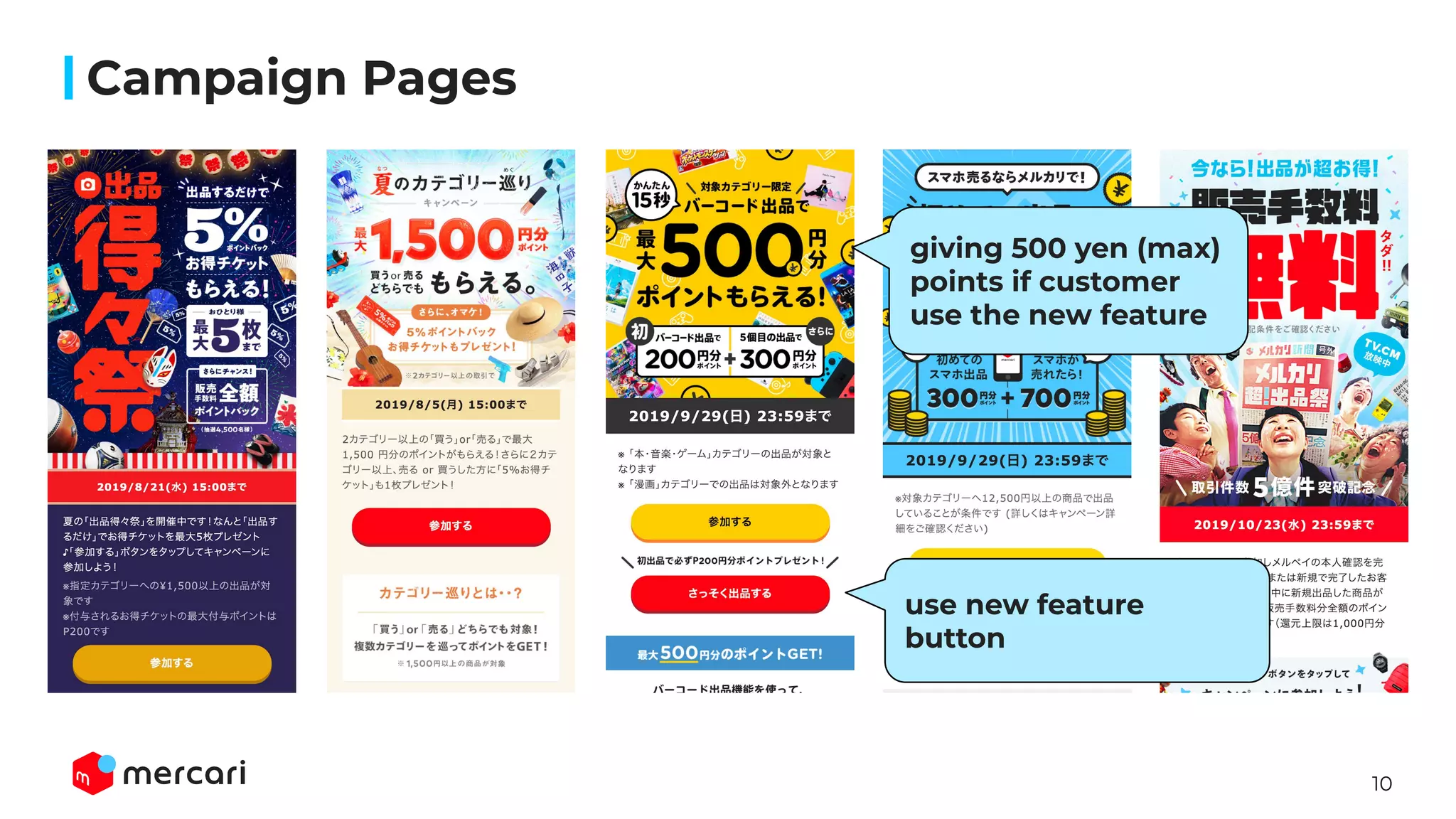 10
Campaign Pages
giving 500 yen (max)
points if customer
use the new feature
use new feature
button
 