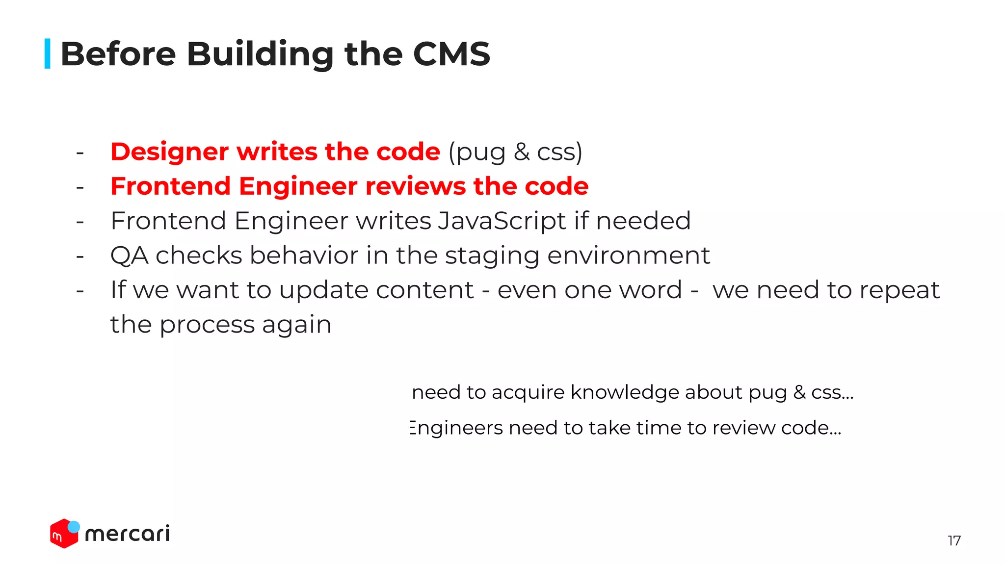 17
- Designer writes the code (pug & css)
- Frontend Engineer reviews the code
- Frontend Engineer writes JavaScript if needed
- QA checks behavior in the staging environment
- If we want to update content - even one word - we need to repeat
the process again
Designers need to acquire knowledge about pug & css…
Frontend Engineers need to take time to review code...
��
Before Building the CMS
 