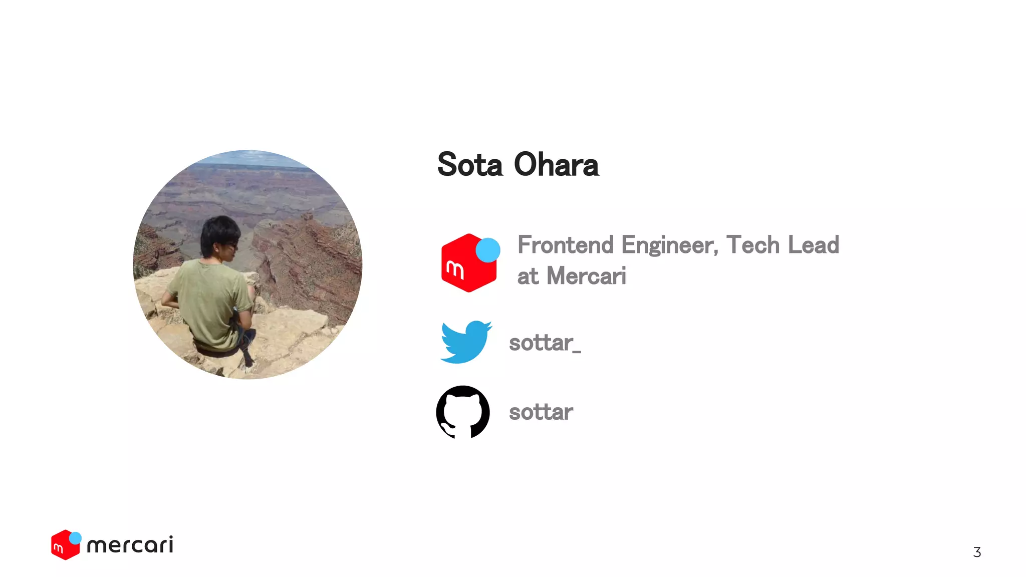 3
Sota Ohara 
sottar_ 
sottar 
Frontend Engineer, Tech Lead 
at Mercari 
 