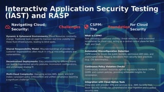 Interactive Application Security Testing
(IAST) and RASP
Navigating Cloud
Security:
CSPM:
The
for Cloud
Security
Challenges Foundation
What is CSPM?
Dynamic & Ephemeral Environments: Cloud resources constantly
change. Traditional tools struggle to maintain real-time visibility into
these ﬂuid infrastructures, leading to blind spots.
T
ools providing continuous visibility, threat detection, and automated
remediation for cloud risks, acting as a central control plane for IaaS,
PaaS, and SaaS.
Shared Responsibility Model: Misunderstandings of provider vs.
customer responsibilities often result in critical misconﬁgurations and
vulnerabilities.
Automated Misconﬁguration Detection
CSPM scans for issues like public buckets, permissive IAM roles, and
unencrypted data, ﬂagging deviations from security best practices
(e.g., CIS Benchmarks).
Decentralized Deployments: Easy provisioning by diﬀerent teams
can lead to fragmented security postures, inconsistent conﬁgurations,
and unmanaged shadow IT. Continuous Policy Violation Checks
Continuously assesses resources against regulatory standards (HIPAA,
GDPR) and custom policies, providing actionable insights for
remediation.
Multi-Cloud Complexity: Operating across AWS, Azure, and GCP
makes consistent policy enforcement and uniﬁed compliance reporting
a signiﬁcant challenge.
Integration with Cloud Native Tools
Integrates with provider APIs and services (e.g., AWS Security Hub,
Azure Security Center) for comprehensive data ingestion and a uniﬁed
security view.
 