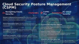 Cloud Security Posture Management
(CSPM)
Navigating Cloud
Security:
CSPM:
The
for Cloud
Security
Challenges Foundation
What is CSPM?
Dynamic & Ephemeral Environments: Cloud resources constantly
change. Traditional tools struggle to maintain real-time visibility into
these ﬂuid infrastructures, leading to blind spots.
T
ools providing continuous visibility, threat detection, and automated
remediation for cloud risks, acting as a central control plane for IaaS,
PaaS, and SaaS.
Shared Responsibility Model: Misunderstandings of provider vs.
customer responsibilities often result in critical misconﬁgurations and
vulnerabilities.
Automated Misconﬁguration Detection
CSPM scans for issues like public buckets, permissive IAM roles, and
unencrypted data, ﬂagging deviations from security best practices
(e.g., CIS Benchmarks).
Decentralized Deployments: Easy provisioning by diﬀerent teams
can lead to fragmented security postures, inconsistent conﬁgurations,
and unmanaged shadow IT. Continuous Policy Violation Checks
Continuously assesses resources against regulatory standards (HIPAA,
GDPR) and custom policies, providing actionable insights for
remediation.
Multi-Cloud Complexity: Operating across AWS, Azure, and GCP
makes consistent policy enforcement and uniﬁed compliance reporting
a signiﬁcant challenge.
Integration with Cloud Native Tools
Integrates with provider APIs and services (e.g., AWS Security Hub,
Azure Security Center) for comprehensive data ingestion and a uniﬁed
security view.
 