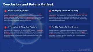 Conclusion and Future Outlook
Recap of Key Concepts Emerging Trends in Security
Network security fundamentally hinges on the relationship: Risk =
Threat x Vulnerability. Our journey has covered comprehensive
threat analysis, robust vulnerability assessment techniques, and
the critical importance of a risk-based prioritization strategy to
align security controls with actual business risk.
The future is about adaptive security, leveraging AI-driven threat
intelligence and automation. Technologies like XDR and Zero Trust
architectures will become standard, shifting focus from perimeter
defense to protecting identities and data everywhere, informed by
risk-based automation tools.
A Proactive & Adaptive Posture Call to Action for Resilience
Security is not a static state but a continuous process. A proactive
posture means anticipating and mitigating risks before exploitation.
An adaptive posture ensures the organization can respond
eﬀectively to new and evolving threats, demonstrating true cyber
resilience.
Embed continuous vulnerability assessment and risk management
into your operational DNA. The ultimate goal is to build digital
resilience through ongoing vigilance, employee education, strategic
investment in modern security measures, and a commitment to
continuous improvement.
Source: online_ﬁles (Abstract world Cyber Security Concept)
 
