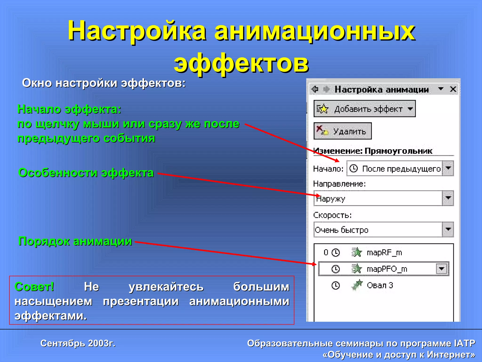 Настройка анимационных эффектов Окно настройки эффектов: Начало эффекта:  по щелчку мыши или сразу же после предыдущего события Особенности эффекта Порядок анимации  Совет!  Не увлекайтесь большим насыщением презентации анимационными эффектами.  