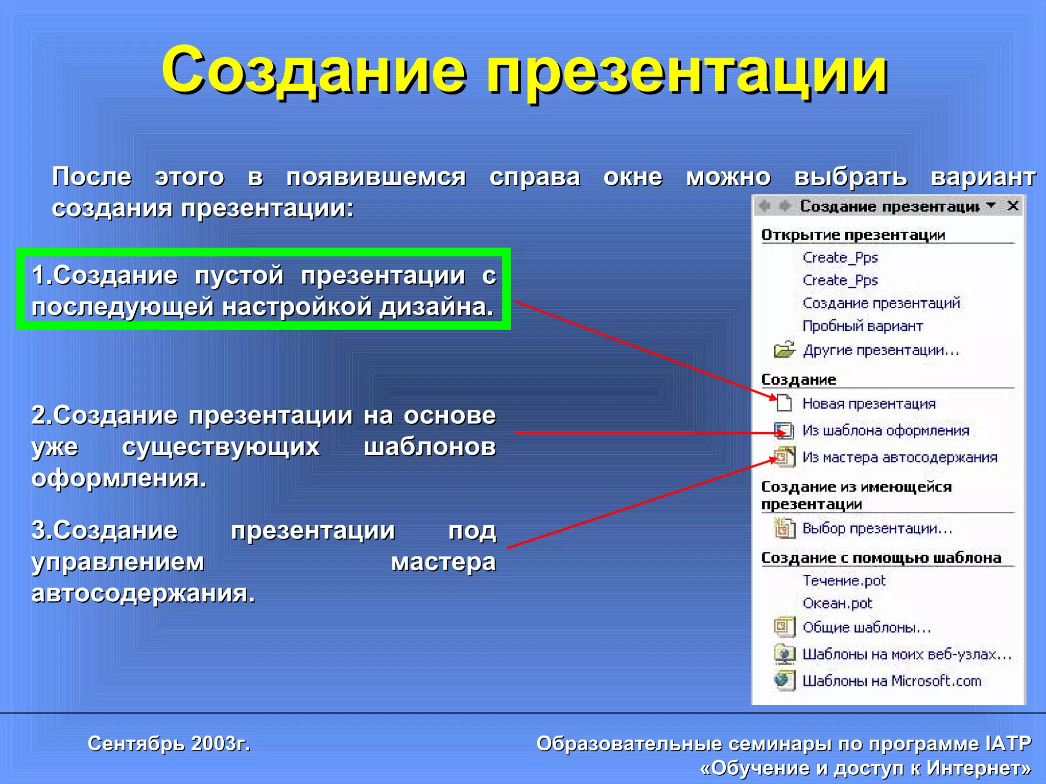 Создание презентации После этого в появившемся справа окне можно выбрать вариант создания презентации: 1.Создание пустой презентации с последующей настройкой дизайна. 2.Создание презентации на основе уже существующих шаблонов оформления. 3.Создание презентации под управлением мастера автосодержания. 