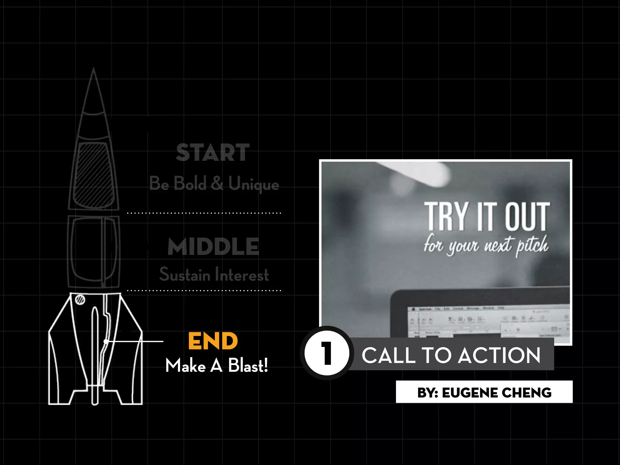Be Bold & Unique
START
END
MIDDLE
Sustain Interest
Make A Blast! CALL TO ACTION1
By: EUGENE CHENG
 